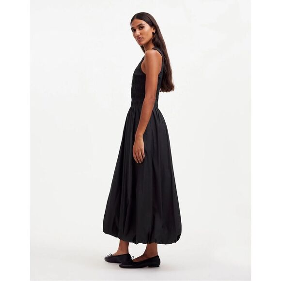 Madewell The Melody Bubble-Hem Smocked Midi Dress in Poplin True Black Size XXL - Picture 3 of 10